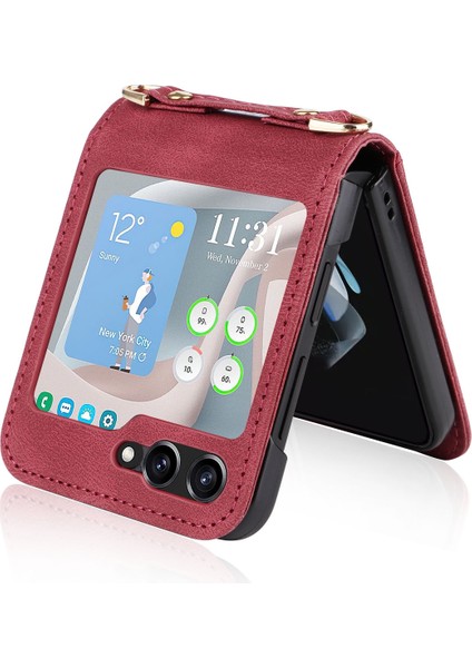 Hongshou-Samsung Galaxy Z Flip5 5g Için Crossbody Deri Telefon Kılıfı (Yurt Dışından)