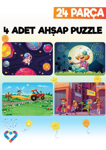 Ahşap 24 Parça 4 Set Çocuk Puzzle