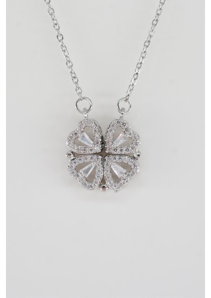 Kadın 316L Paslanmaz Çelik 40 cm Şekil Değiştirebilen Yonca ve Kalp Figürlü Baget Zirkon Taşlı Kolye