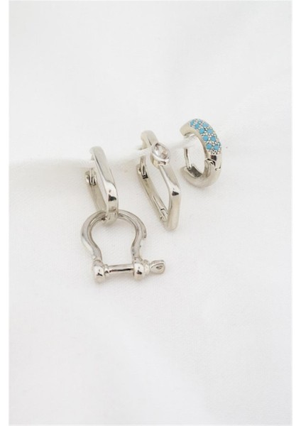 Kadın Altın Kaplama Firuze Zirkon Taşlı 3'lü Küpe Set