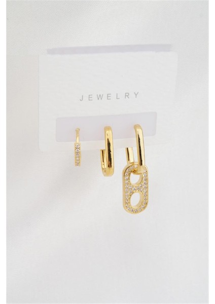 Kadın Altın Kaplama Zirkon Taşlı 3'lü Küpe Set