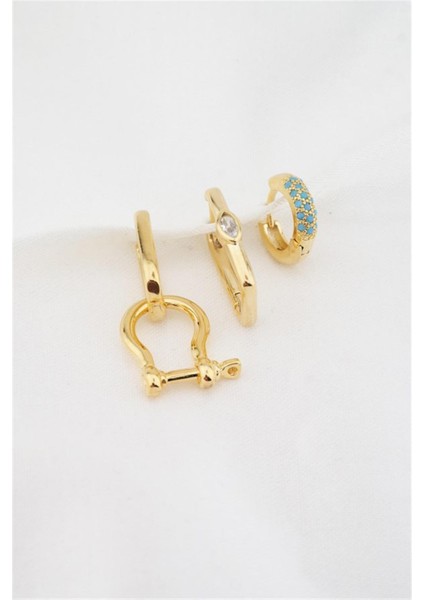 Kadın Altın Kaplama Firuze Zirkon Taşlı 3'lü Küpe Set