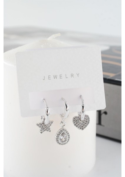 Kadın Vip Seri Kalp ve Yıldız Helix Model 3'lü Küpe Seti