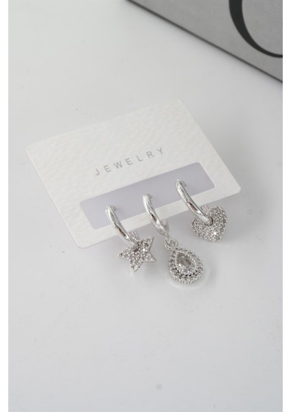 Kadın Vip Seri Kalp ve Yıldız Helix Model 3'lü Küpe Seti modelleri