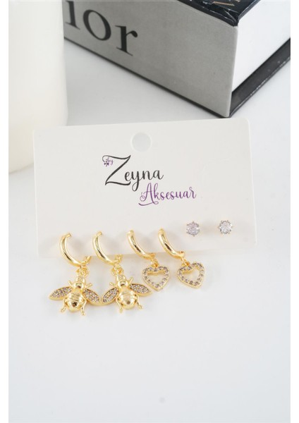 Kadın Vip Seri Zirkon Taşlı Kalp ve Arı Figürlü 6'lı Küpe Seti