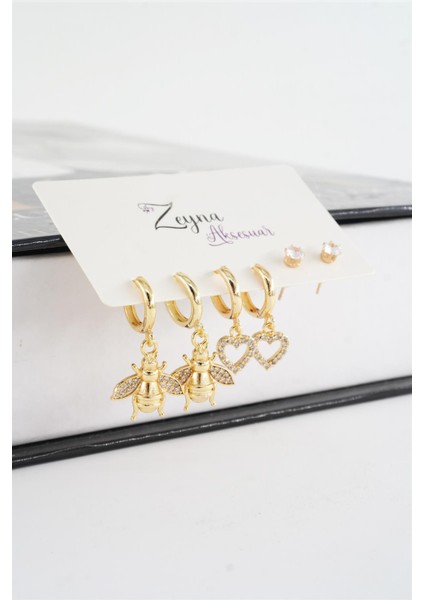 Kadın Vip Seri Zirkon Taşlı Kalp ve Arı Figürlü 6'lı Küpe Seti fiyatları