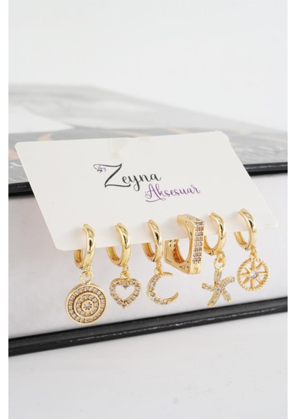 Kadın Vip Seri Zirkon Taşlı Karışık Figürlü 6'lı Küpe Seti