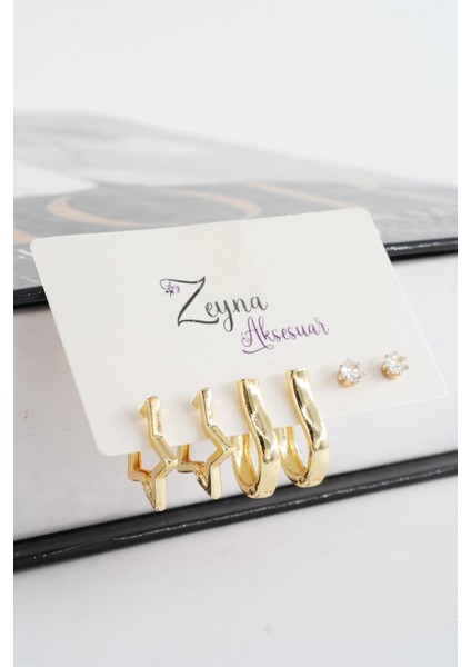 Kadın Vip Seri Zirkon Taşlı Yıldız Figürlü 6'lı Küpe Seti