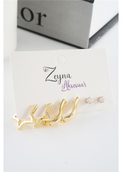 Kadın Vip Seri Zirkon Taşlı Yıldız Figürlü 6'lı Küpe Seti modelleri