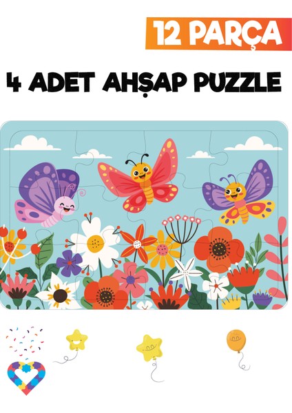 Ahşap 12 Parça 4 Set Çocuk Puzzle