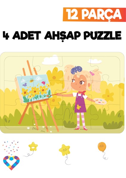 Ahşap 12 Parça 4 Set Çocuk Puzzle