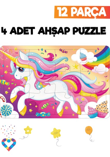 Ahşap 12 Parça 4 Set Çocuk Puzzle