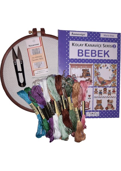 Bebek Kanaviçe Seti 25 Ip+Kanaviçe Kitabı+Iplik Kesme Aparatı+6 Iğne +19 cm Kasnak+Kumaş
