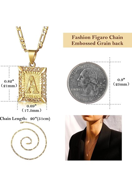 Ilk Harfli Erkek Kolye Kolye, 18 Ayar Altın Kaplama Kare Büyük Monogram Kolye A'dan Z'ye Alhpabets Figaro Zincir Kolye (Yurt Dışından)