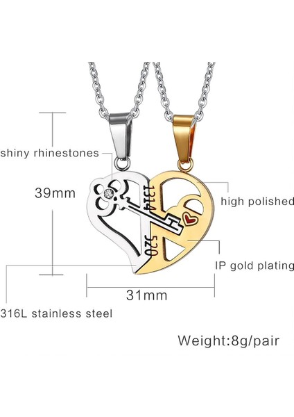 His&hers Paslanmaz Çelik Aşkın Anahtarı Uyumlu Çiftler Için Kalbin Yarısı 520 Uçlu Kolye (Yurt Dışından) modelleri