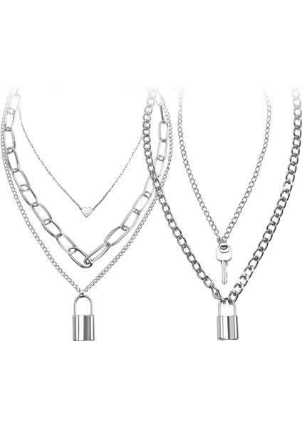 Kilit Zinciri Kolye, Egirl Zincirleri, Deyimli Kilit Anahtarı Kolye Kolye Gümüş Set Eboy Uzun Çok Katmanlı Zincirler Punk Gerdanlık 2 Takım(5 Kat) (Yurt Dışından)