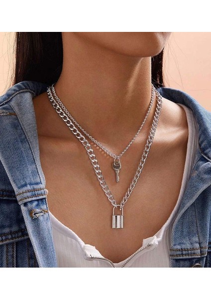 Kilit Zinciri Kolye, Egirl Zincirleri, Deyimli Kilit Anahtarı Kolye Kolye Gümüş Set Eboy Uzun Çok Katmanlı Zincirler Punk Gerdanlık 2 Takım(5 Kat) (Yurt Dışından) modelleri