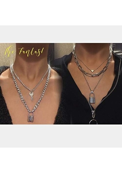 Kilit Zinciri Kolye, Egirl Zincirleri, Deyimli Kilit Anahtarı Kolye Kolye Gümüş Set Eboy Uzun Çok Katmanlı Zincirler Punk Gerdanlık 2 Takım(5 Kat) (Yurt Dışından) fırsatları