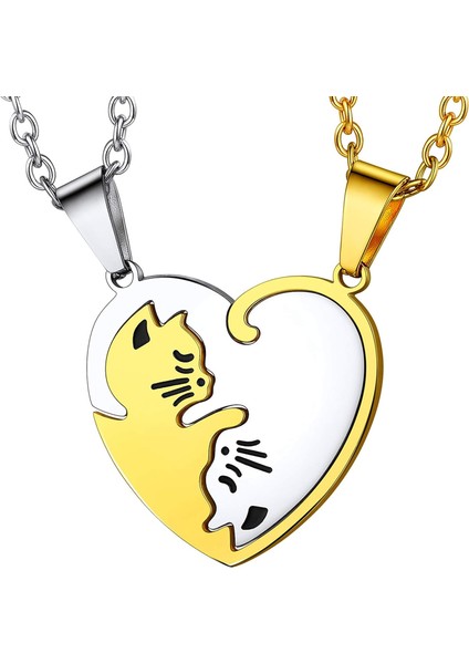 Çift Kalp/kedi Kolyeler, 2 Adet Kolye/set, SIYAH/18K Gerçek Altın Kaplama 316L Paslanmaz Çelik, Bayan Takı (Hediye Kutusu Ile) (Yurt Dışından)