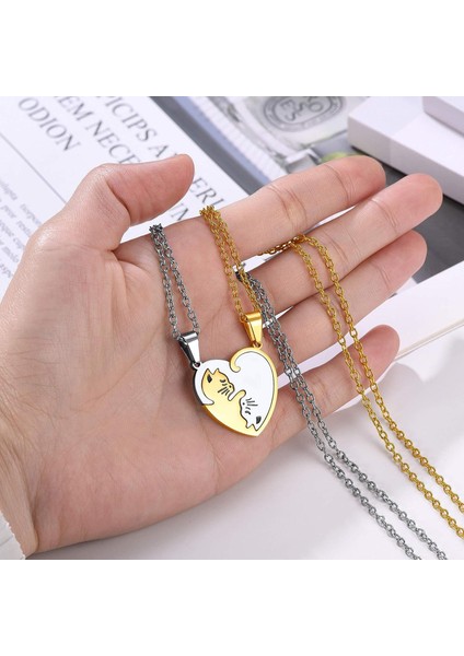 Çift Kalp/kedi Kolyeler, 2 Adet Kolye/set, SIYAH/18K Gerçek Altın Kaplama 316L Paslanmaz Çelik, Bayan Takı (Hediye Kutusu Ile) (Yurt Dışından)