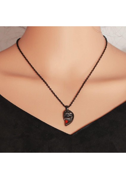 Çift Için Iki Kafatası Bir Kalp Kolye Kolye, Kalp Şekli Mıknatıs Çiftler Kolye Gotik Punk Kolyeler, 2 Adet/takım (Siyah) (Yurt Dışından)