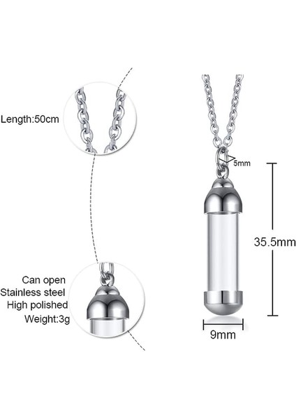 Paslanmaz Çelik Cam Kremasyon Urn Kolye, Zincirli Kül Tutucu Anıt Kolye Kolye, Hatıra Takı (Yurt Dışından)