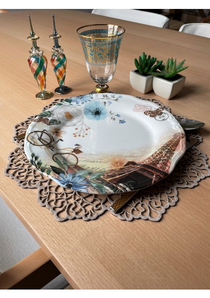 Koyu Bej (Taş Rengi) Süet Kumaş Yuvarlak Amerikan Servis Supla Takımı 6'Lı 35 x 35 cm
