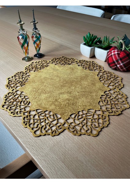 Hardal Sarısı Süet Kumaş Yuvarlak Amerikan Servis Takımı Supla 6'Lı 35 x 35 cm