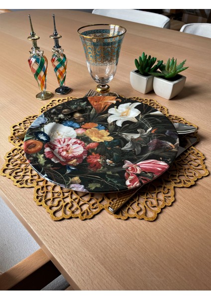 Hardal Sarısı Süet Kumaş Yuvarlak Amerikan Servis Takımı Supla 6'Lı 35 x 35 cm