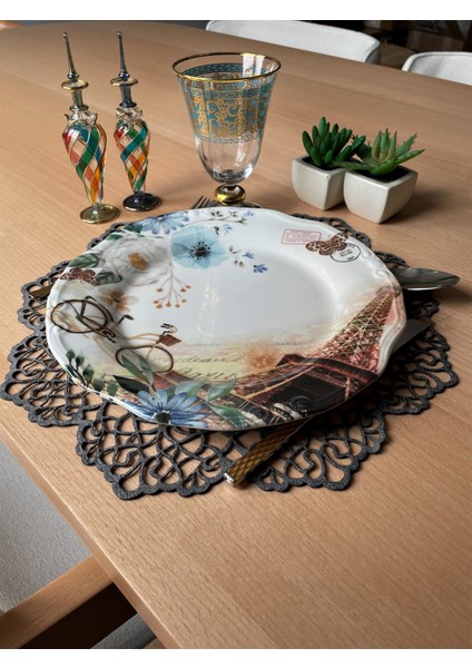 Koyu Gri Süet Kumaş Yuvarlak Amerikan Servis Takımı Supla 6'Lı 35 x 35 cm