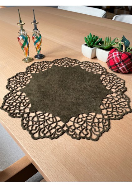 Yeşil (Yağ Yeşili) Süet Kumaş Yuvarlak Amerikan Servis Supla Takımı 6'Lı 35 x 35 cm