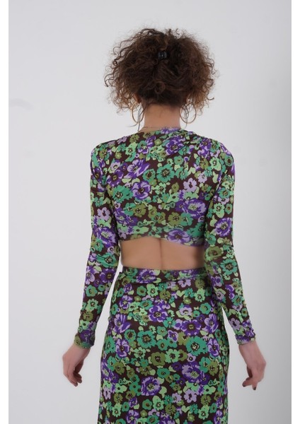 Lila Floral Vatkalı Crop Bluz