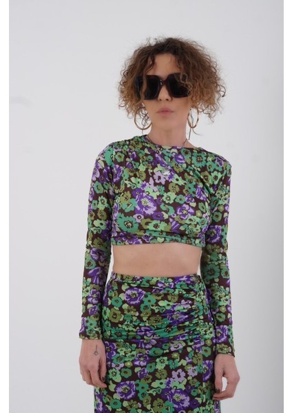Lila Floral Vatkalı Crop Bluz