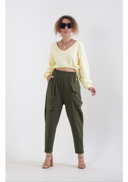 Sarı Büzgülü Kordonlu Crop Sweat