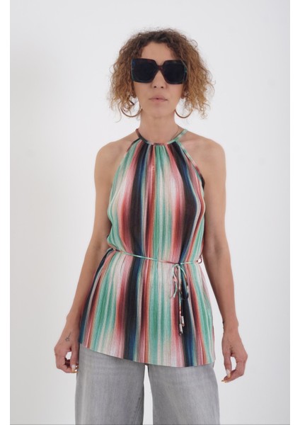 Çizgili Halter Yaka Bluz