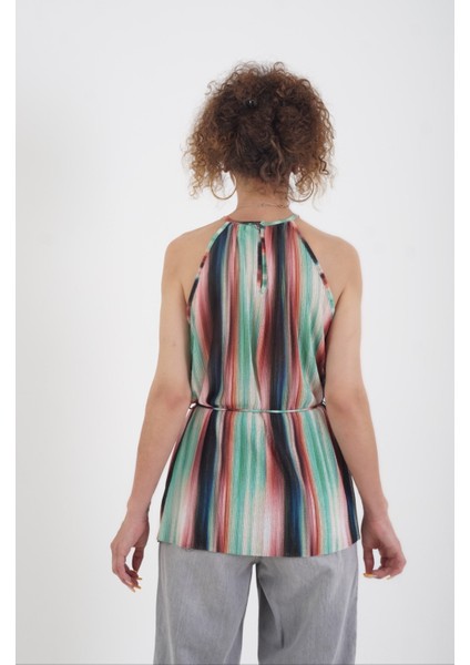 Çizgili Halter Yaka Bluz
