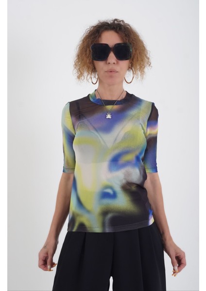 O Yaka Baskılı Kısa Kol Tül Bluz modelleri