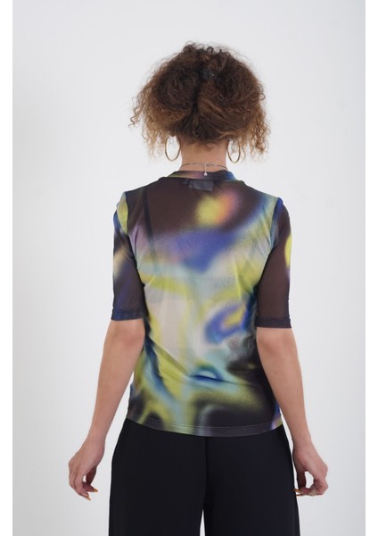 O Yaka Baskılı Kısa Kol Tül Bluz fırsatları