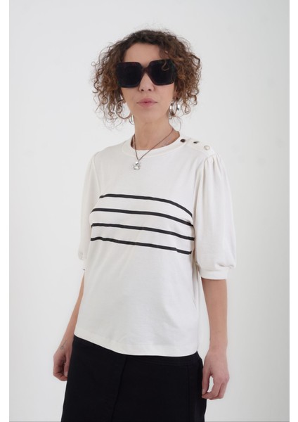 Çizgili Tek Omuz Çıtçıtlı Penye Bluz