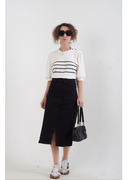 Çizgili Tek Omuz Çıtçıtlı Penye Bluz modelleri