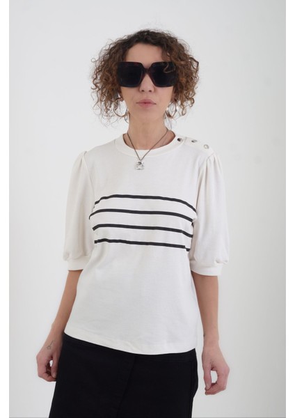 Çizgili Tek Omuz Çıtçıtlı Penye Bluz fırsatları