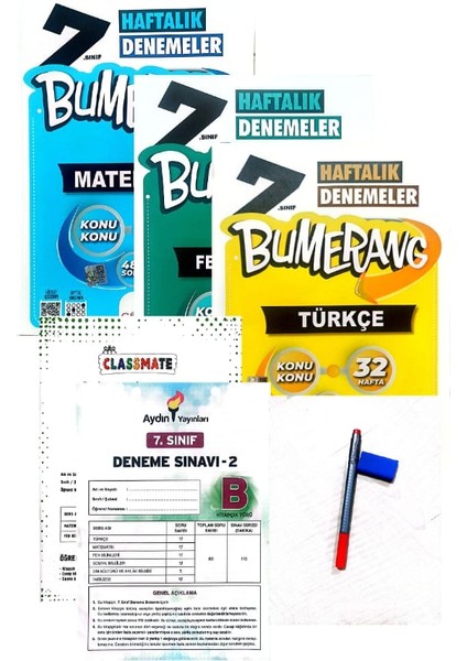7.Sınıf Bumerang Türkçe+Matematik+Fen Bilgisi Deneme-Yeni Baskı-(Aydın+Muba Yayınları Deneme+Faber Kalem+Silgi)