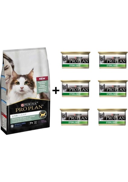 Live Clear Senior Sterilised Hindili Kısırlaştırılmış Yaşlı Kedi Maması 1,4 kg ve 6 Adet Proplan Sterilised Ton ve Somonlu Kısırlaştırılmış Kedi Konservesi 85 gr
