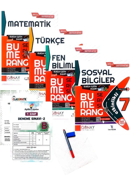 Günay Yayınları 7.Sınıf Bumerang 4'lü Tam Set Defter&kitap-Yeni Baskı-(Aydın+Muba Yayınları Deneme+Faber Kalem+Silgi)