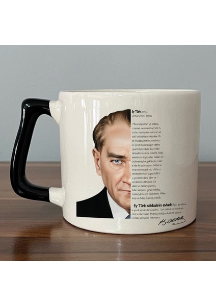 Atatürk Baskılı Gençliğe Hitabe Yazılı Siyah Kulplu Seramik D Kupa