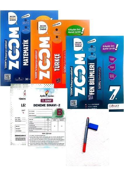 7.Sınıf Zoom Matematik+Türkçe+Fen Bilgisi Soru Bankası-Yeni Baskı-(Aydın+Muba Yayınları Deneme+Faber Kalem+Silgi)