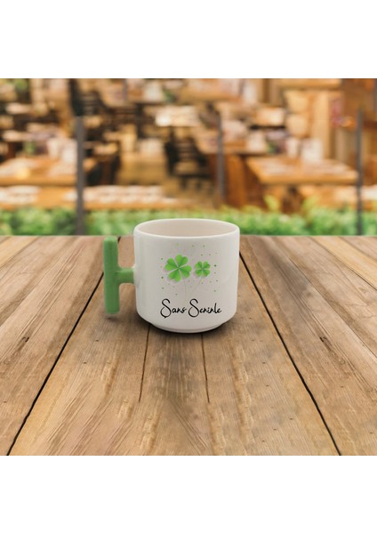 Yonca Baskılı-Şans Seninle 7.7.7 (Şans Sekansı) Yeşil Kulplu Seramik T Kupa