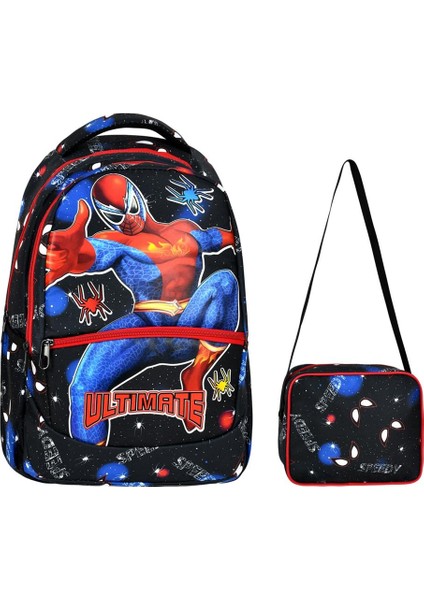 Siyah Ilkokul Örümcek Adam Desenli Ilkokul Çantası + Beslenme Çantası