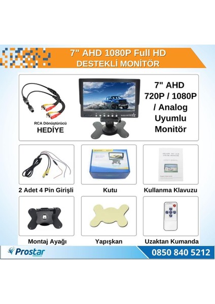 7" Ahd 1080P Full Hd Iki Kamera Girişli Monitör