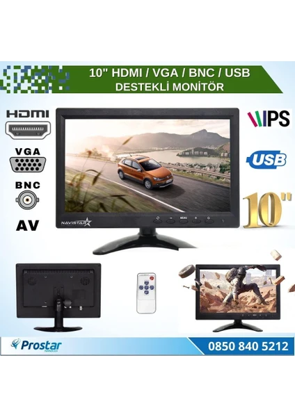 10.1" Büyük Ekranlı HDMI - VGA - Bnc - Av - USB Girişli Moni